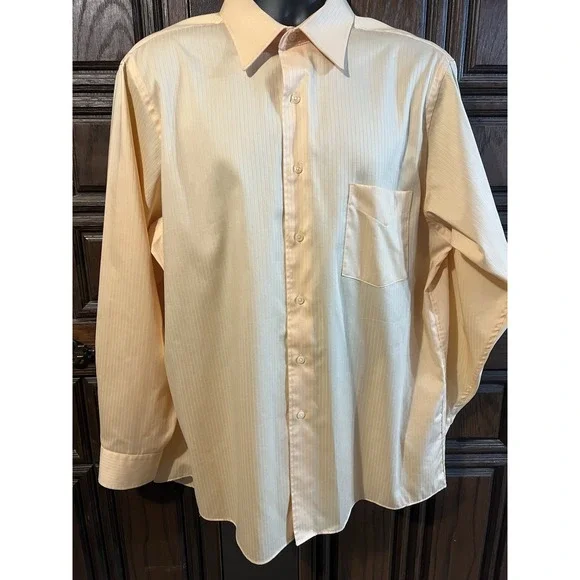 Arrow Men's  Long Sleeve Satin & Twill Dress Shirt Xl 17 34/35  Mango Pin Stripe - Picture 3 of 14
